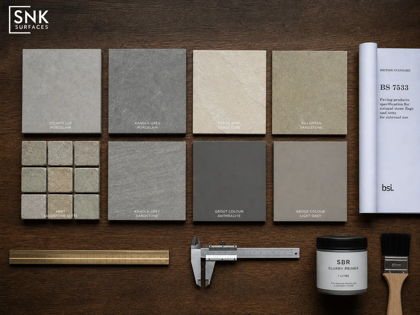 Landscape architect sample board displaying porcelain and sandstone cut offs with BS 7533 specification sheets
