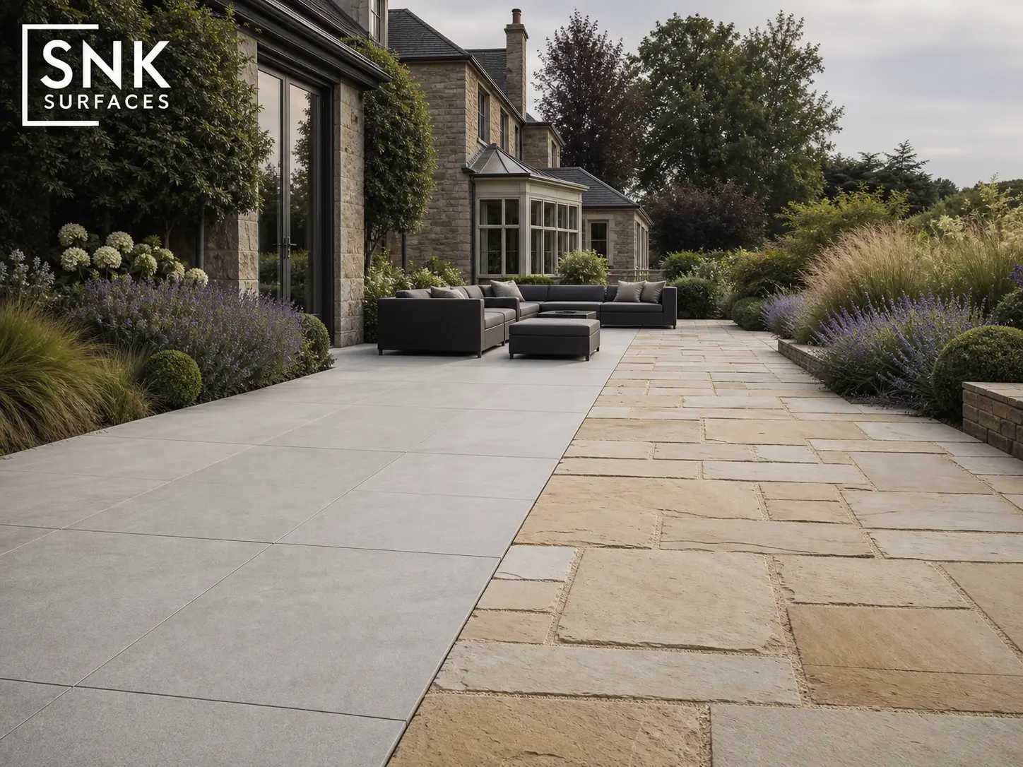 Split patio showing 20mm outdoor porcelain paving and natural Indian sandstone paving side by side in a UK garden