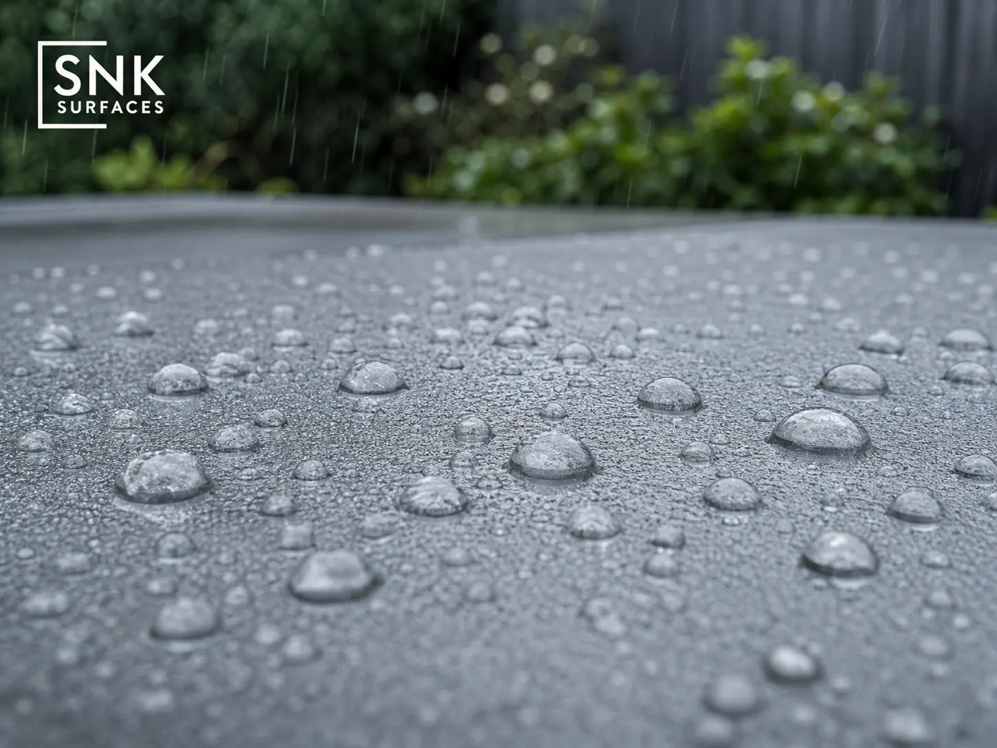 Water beading on R11 anti-slip grey porcelain paving surface during a UK rain shower