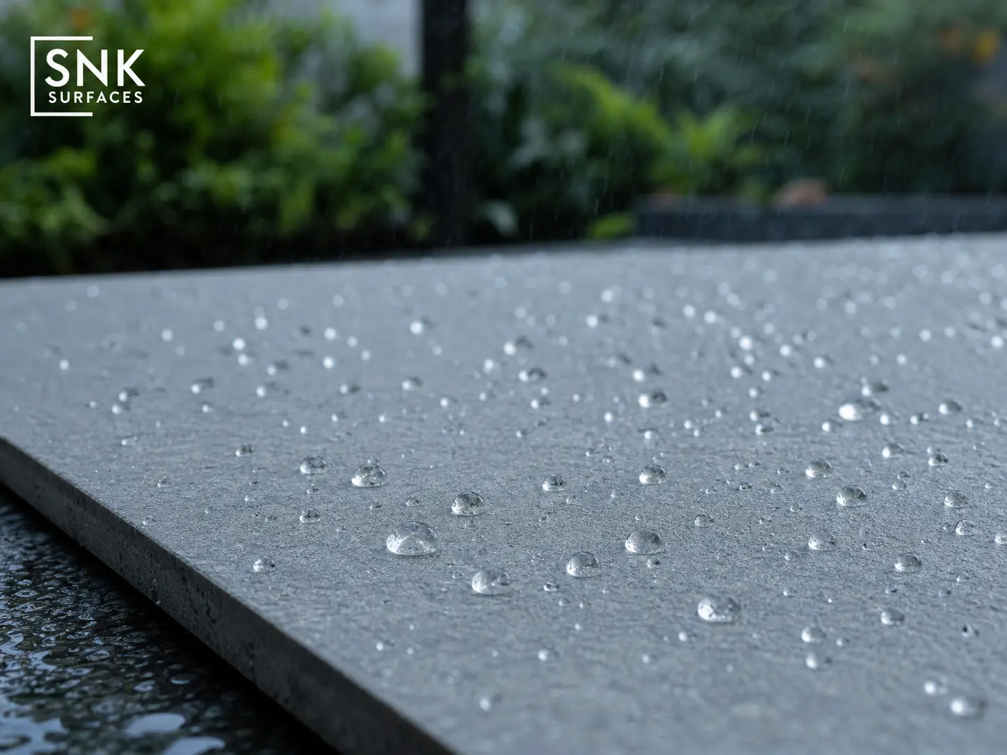 Water beading on R11 anti-slip Kandla Grey porcelain paving surface during UK rainfall
