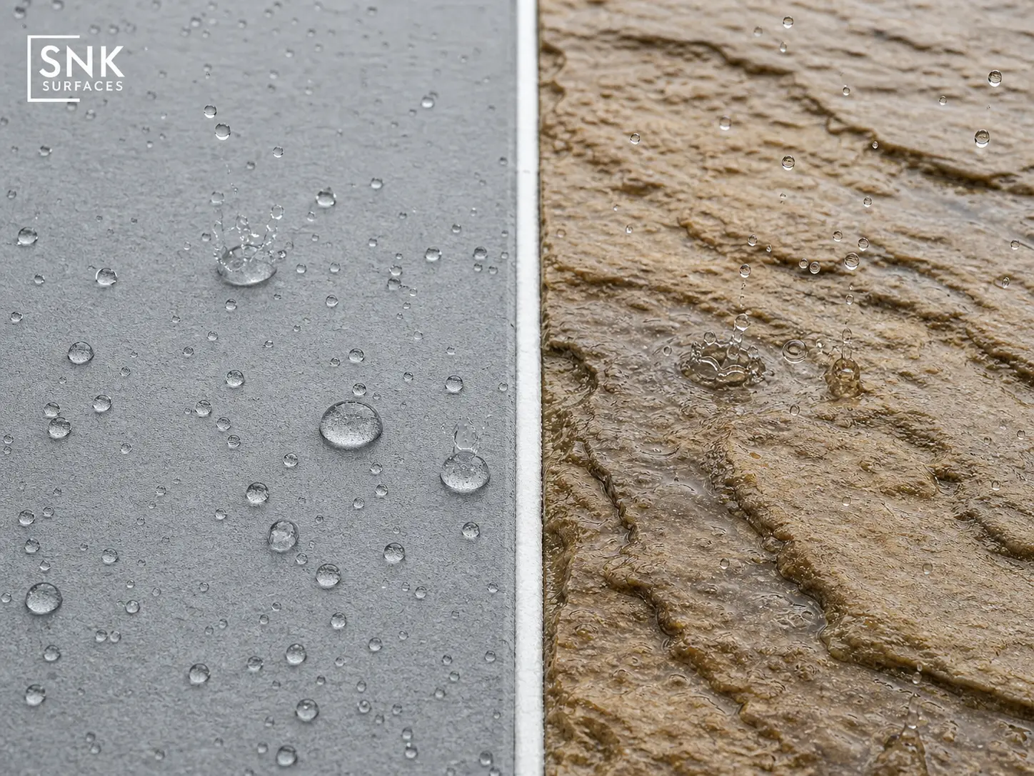 Water behaviour on R11 porcelain surface versus wet riven sandstone during UK rainfall