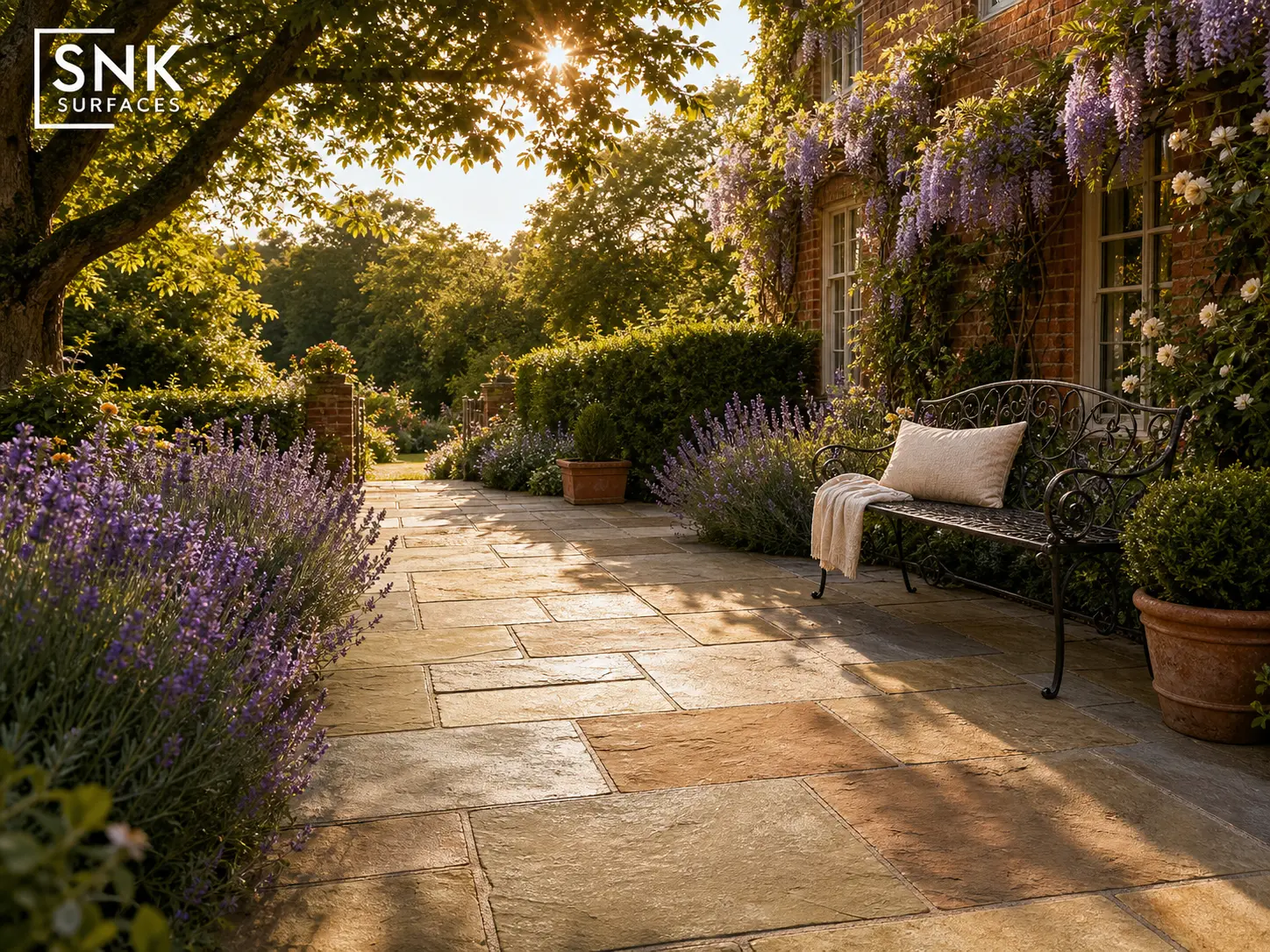 Traditional English country garden patio laid with Raj Green and Kandla Grey natural sandstone paving