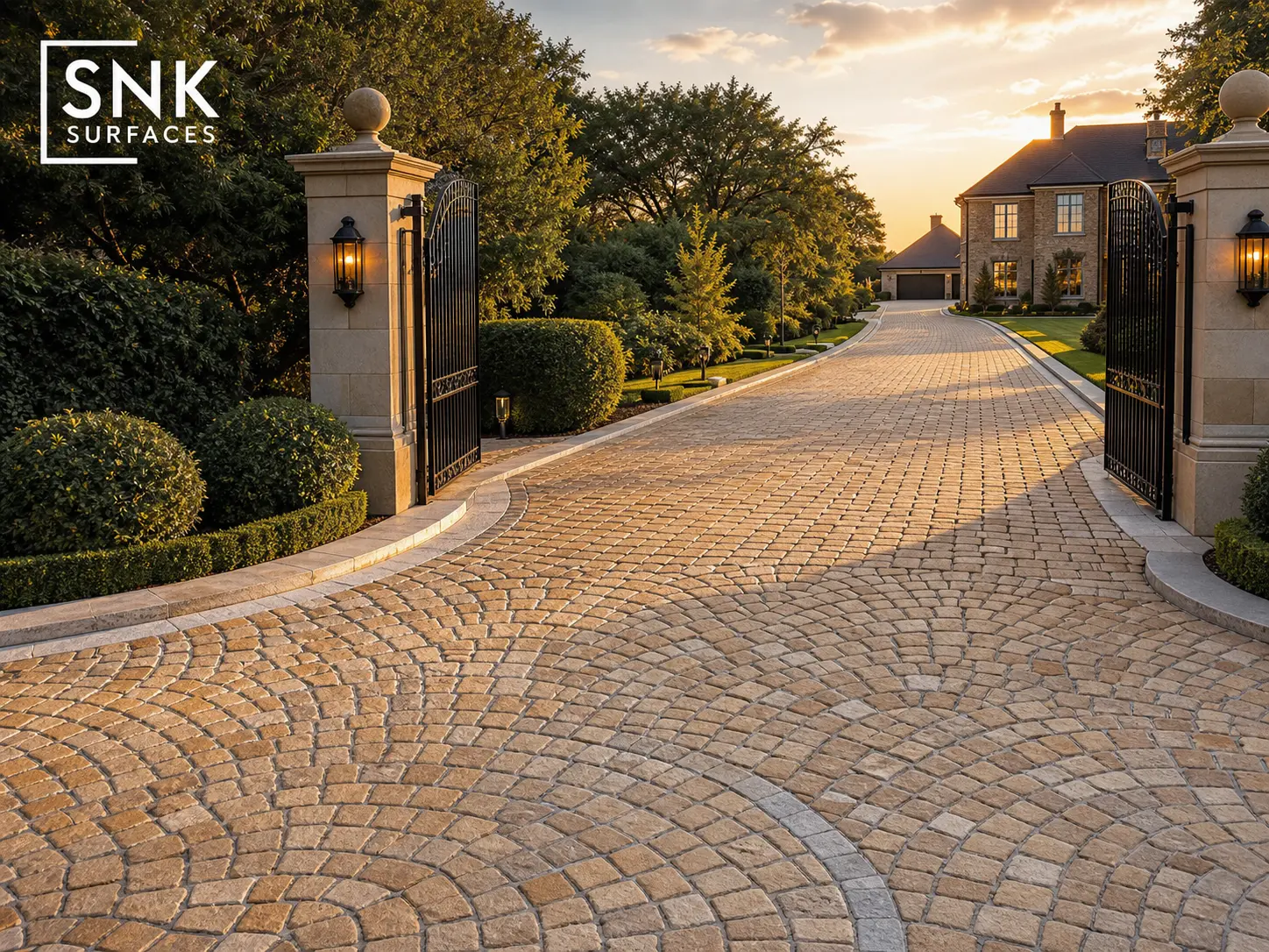 Curved driveway entrance apron laid with sandstone cobbles in an intricate fan arc pattern