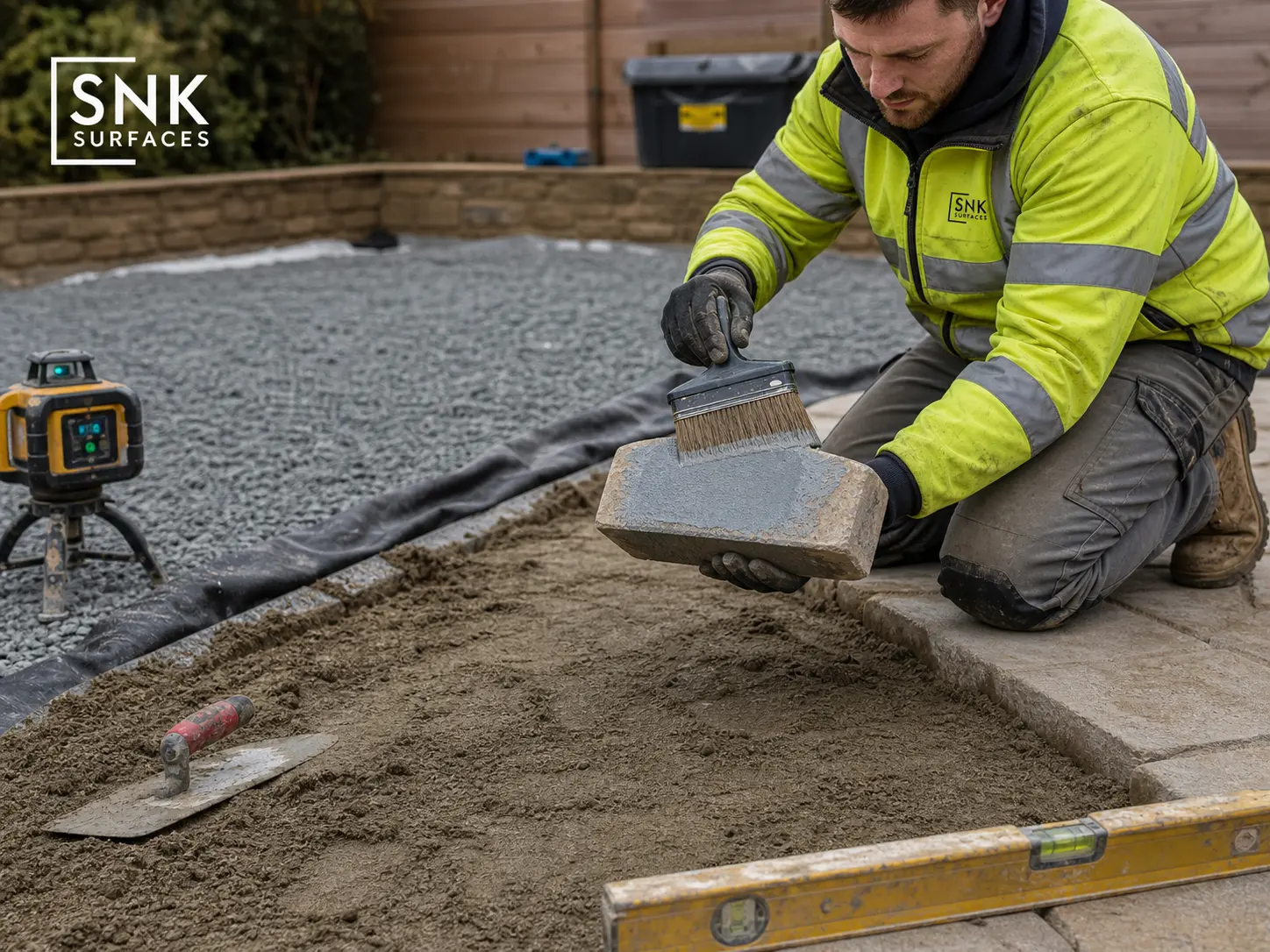 UK contractor applying SBR slurry primer to sandstone setts before laying on a full mortar bed