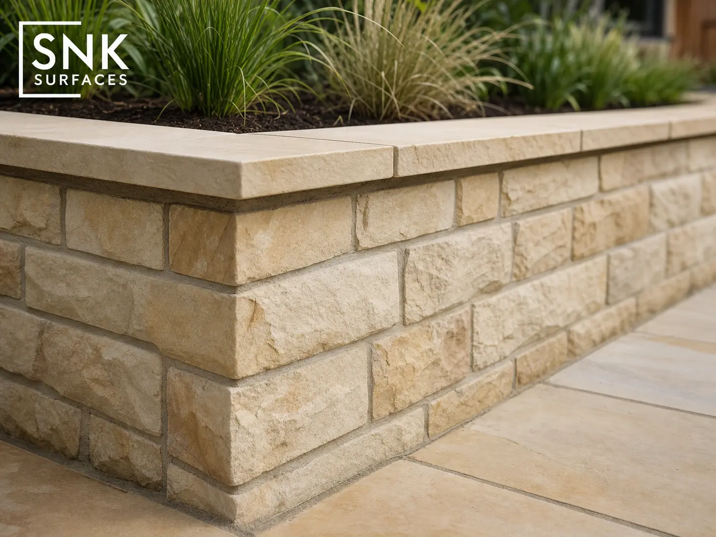 Natural sandstone retaining wall with coping stones creating a raised planter bed next to a UK patio