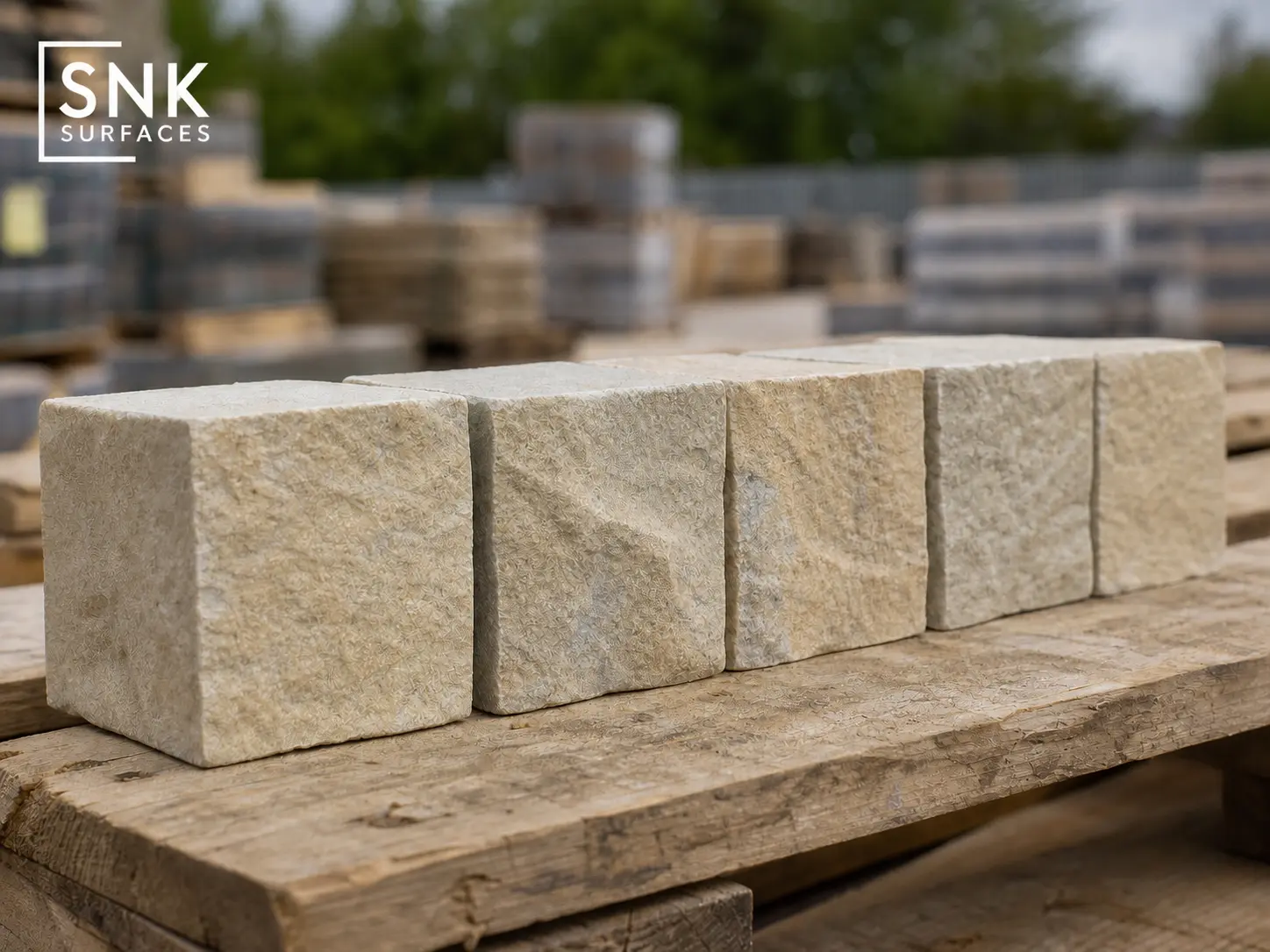 Close-up of 100x100x50mm sandstone setts showing clean cropped edges and uniform depth