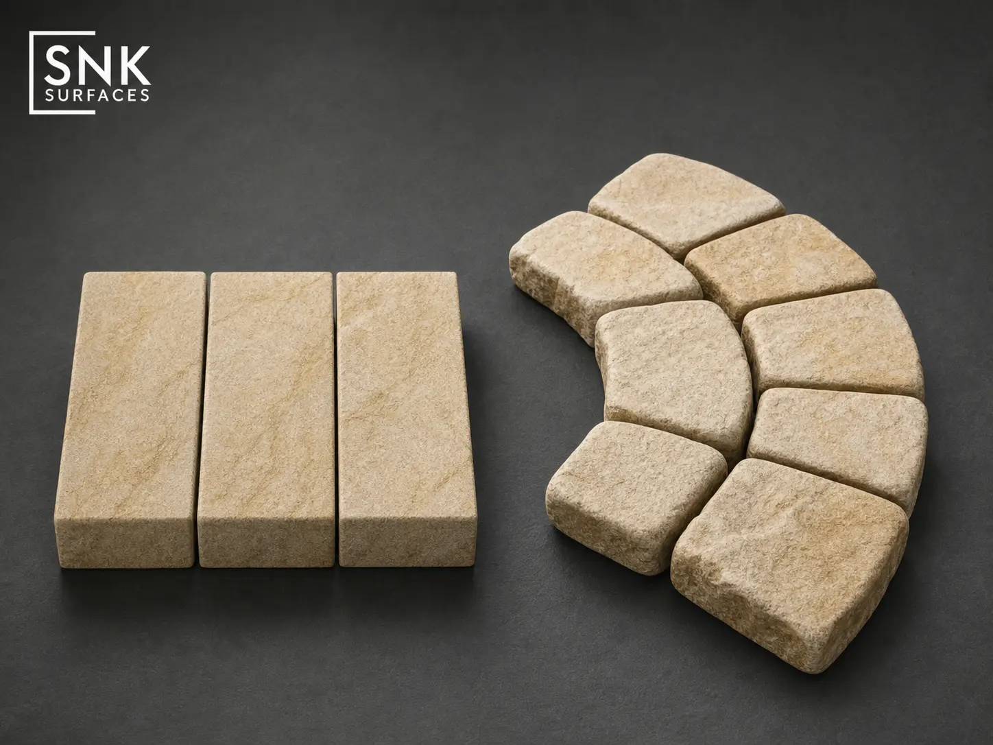 Side-by-side comparison of coursed sandstone setts and tumbled sandstone cobbles on a neutral background