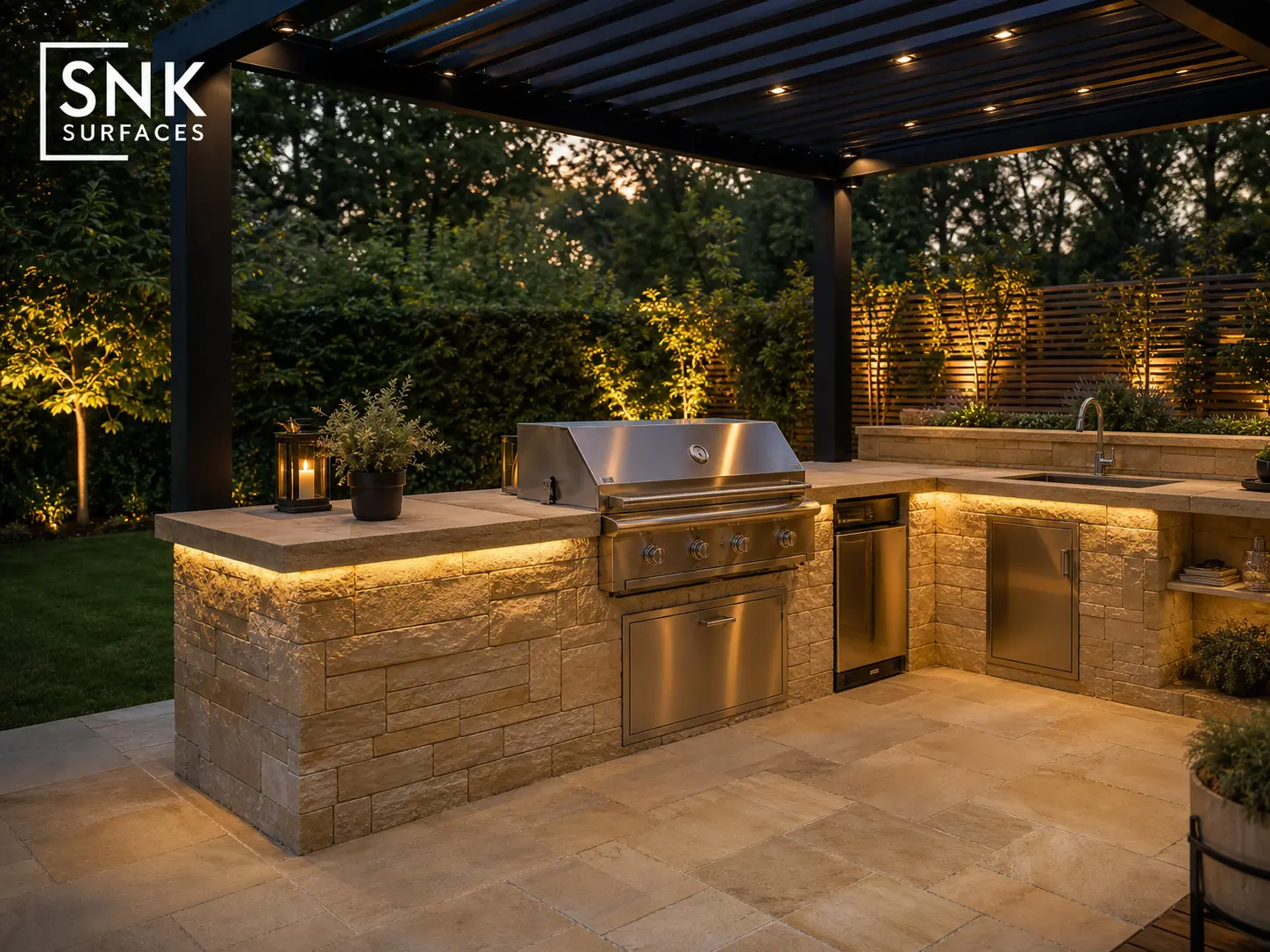 Outdoor kitchen island built from natural sandstone walling bricks matching the surrounding patio paving