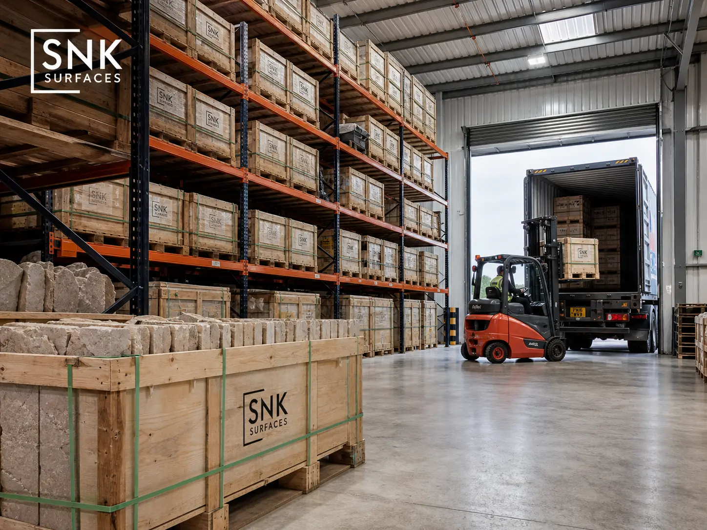 UK warehouse stocked with crates of sandstone walling bricks ready for 48-hour nationwide delivery