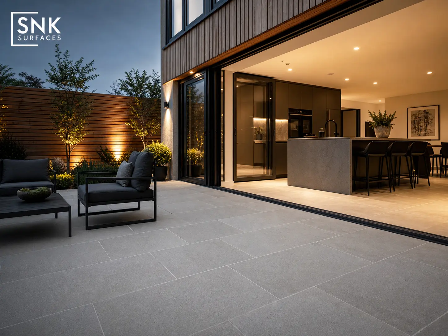 Modern UK terrace with sawn-and-honed Kandla Grey sandstone paving and tight 3mm grout joints