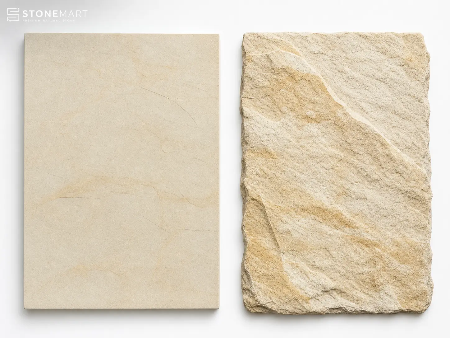 Side-by-side comparison of smooth sawn-and-honed and textured riven fossil mint sandstone paving slabs