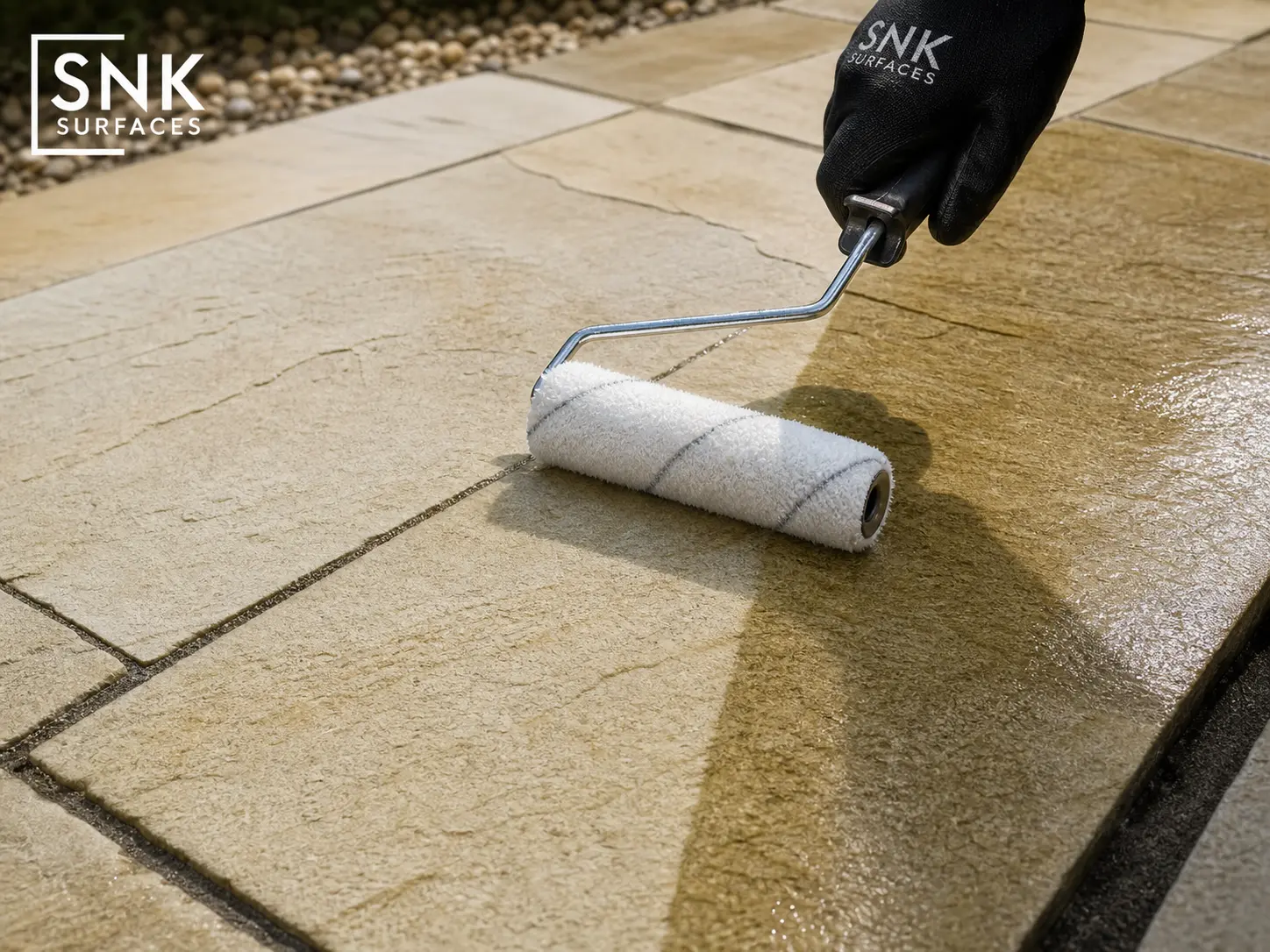 Applying impregnating sealer to fossil mint sandstone paving slabs to protect against stains and algae