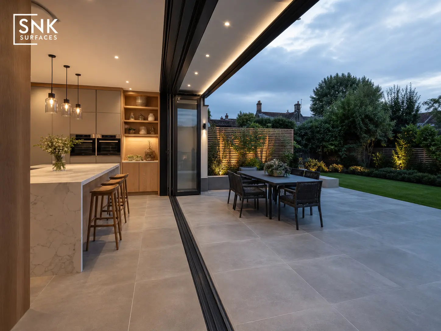 Seamless indoor-outdoor transition using Kandla Grey porcelain paving through open black bi-fold doors