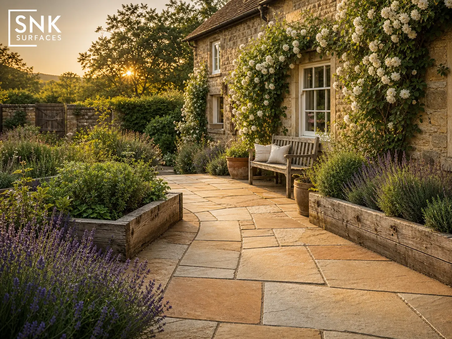 Traditional English cottage garden with riven fossil mint sandstone paving, lavender borders, and climbing roses