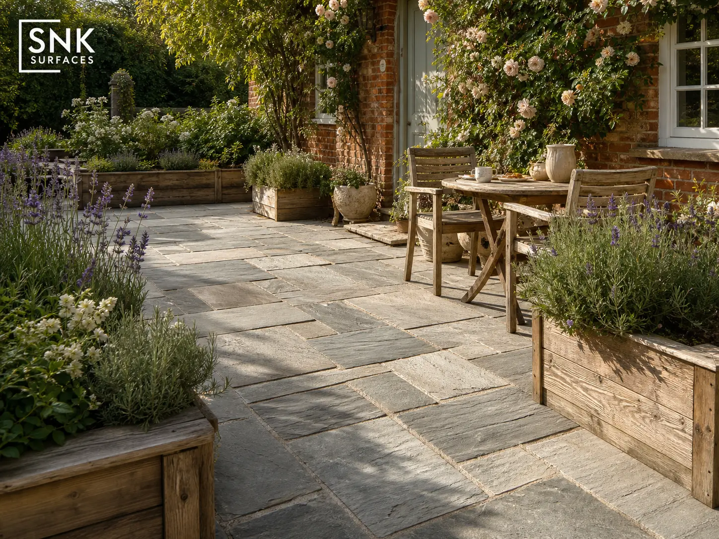 Traditional UK cottage garden paved with natural Kandla Grey sandstone featuring riven texture and wide mortar joints