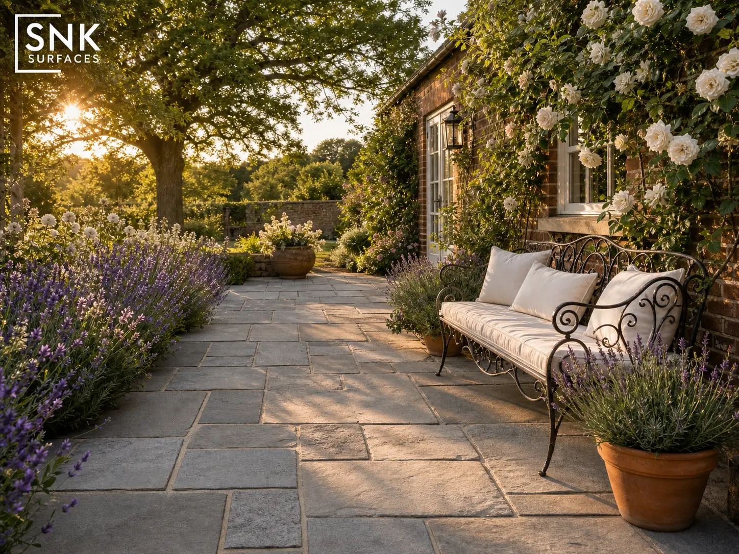 Traditional English cottage garden patio laid with tumbled Kandla Grey Indian sandstone paving