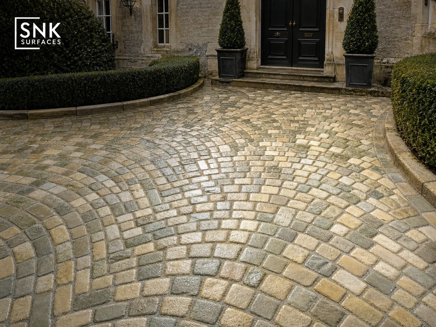 Tumbled sandstone cobbles laid in a decorative European fan pattern on a UK courtyard