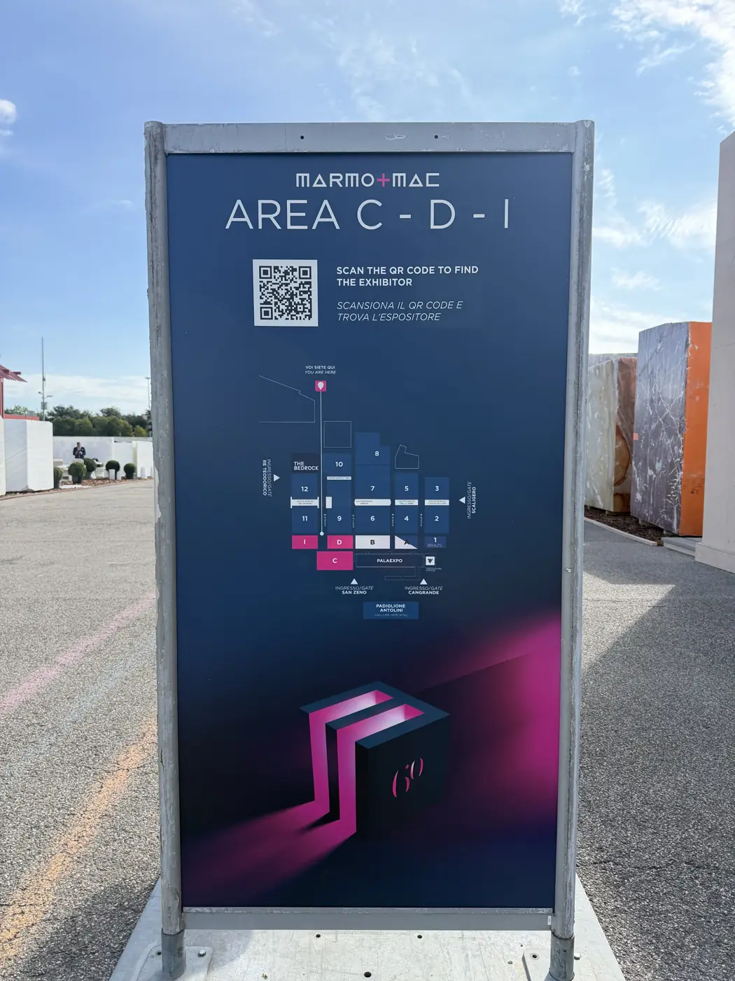 Marmomac 2026 exhibitor map sign for areas C, D and I