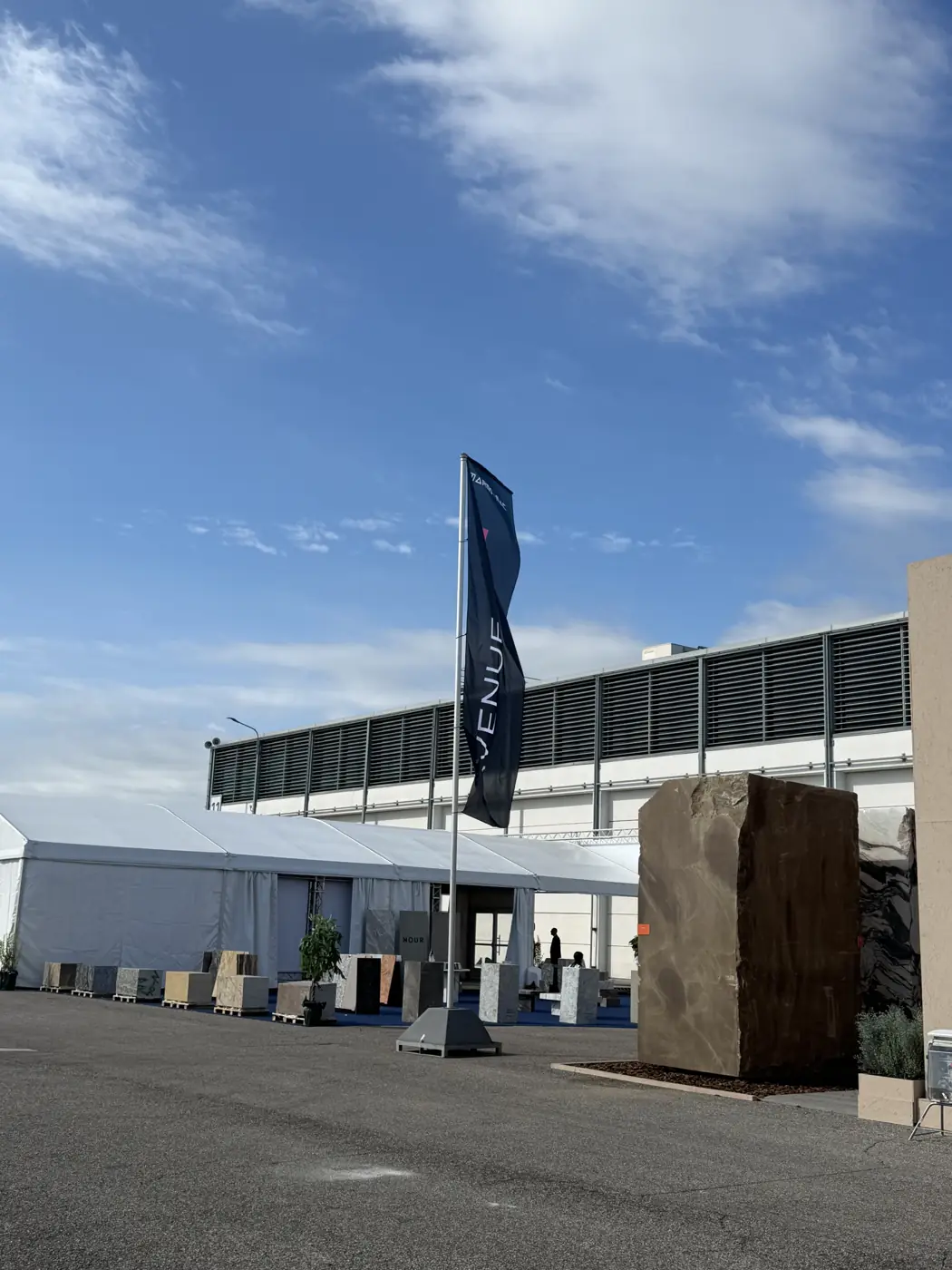 Stone blocks on display in the outdoor area at Marmomac 2026